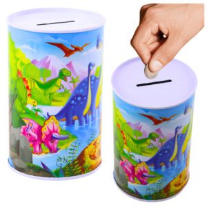 színes dinoszaurusz-motívumokkal díszített fém malacpersely13 x 8 cm